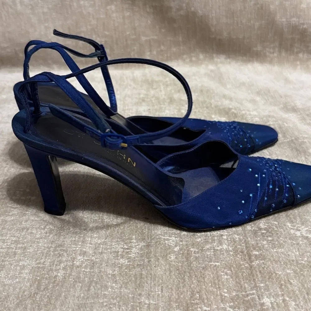 St. John Blue Italian Embellished Fabric Mesh Pointy Toe Slingbacks - Picture 3 of 14